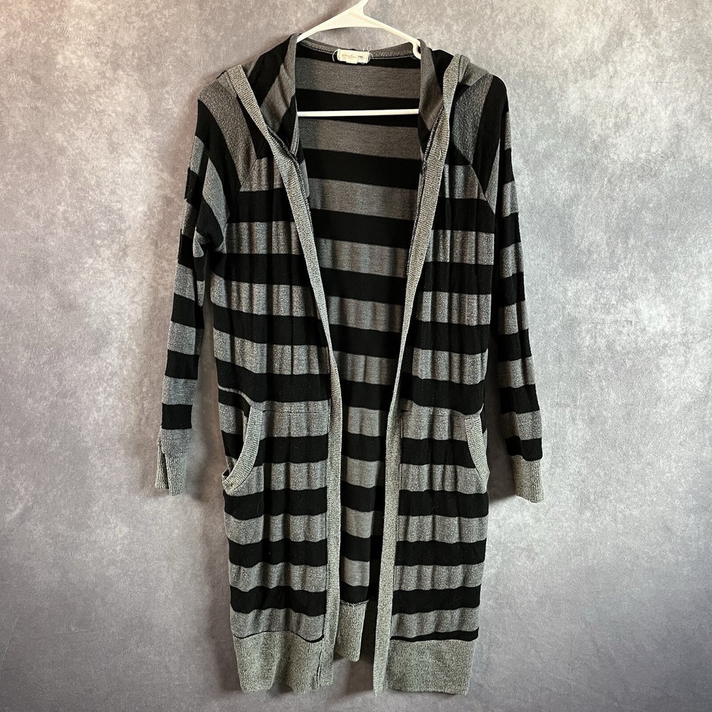 Silence + Noise Cardigan Women Small Black Grey Striped Hood Longline Open Front
